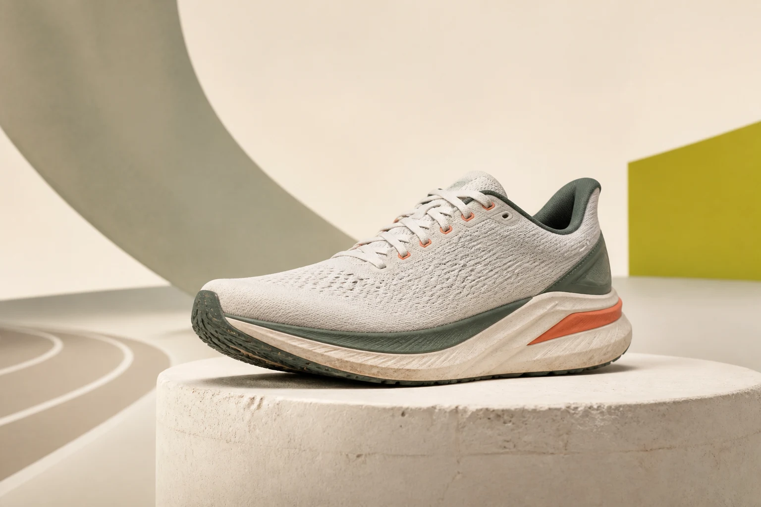A modern running shoe displayed in an editorial studio setting